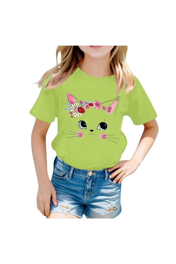 Cute Shirts for Girls Cute Printed Comfortable Short Sleeve T-Shirt Round Neck Holidays Tops Tee for Toddler & Kids Light Green,110