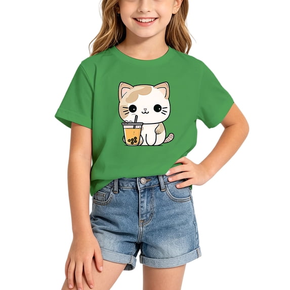 Cute Shirts for Girls Short Sleeve Cat Graphic Tees Crewneck Breathable Top for Summer Casual (Green 4-6 Years)