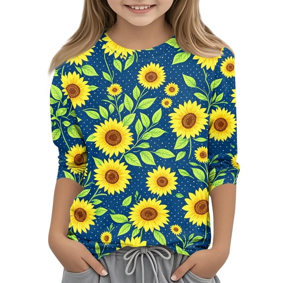 Cute Shirts for Girls Size 10-12 Summer 3/4 Sleeve Daisy Printed Tee Shirts Trendy Loose Comdy Girls Clothes Crew Neck Shirts Dark Blue 3-4 Years