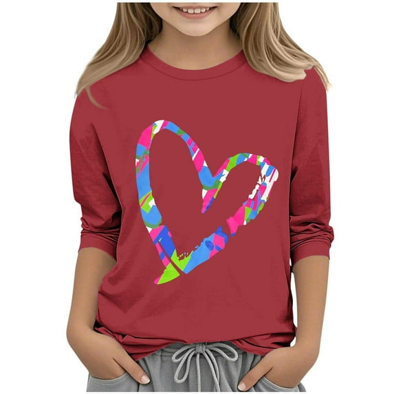 Cute Shirts for Girls Valentine's Day Heart Printed 3/4 Sleeve Tops Fashion Crew Neck Casual Blouses Size 3-12