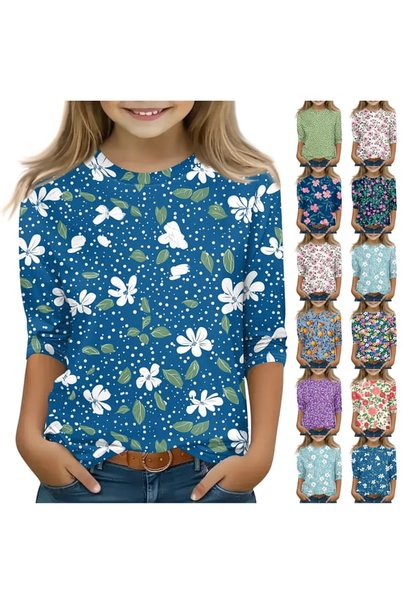 Cute Shirts for Teen Girls 3/4 Sleeve Casual 2026 Tops Floral Print Spring Summer T-Shirts Purple 110