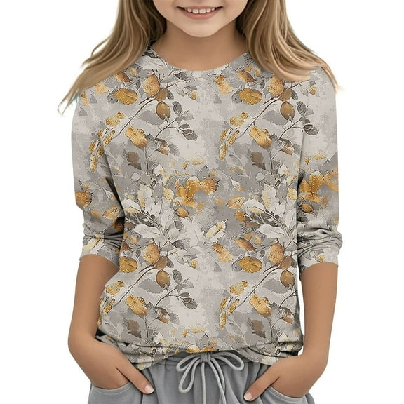 Cute Shirts for Teens Girls Trendy Girls Crewneck Tops Girls 3/4 Sleeve Shirts Size 12-14 L Floral Printed Shirt Girls Blouses Size 12-14