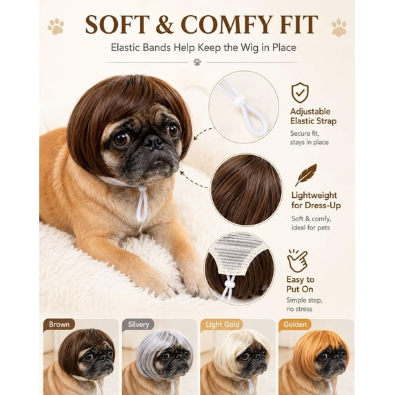Cute Short Hair Wig Pet Headband Funny Dog Cat Adjustable Spooky Accessory with Elastic Bands for Photos Parties Holidays Cosplay Christmas,7.1in,Brown