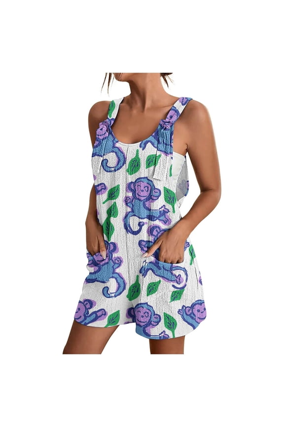 Cute Short Jumpsuits Women Monkey Animal Print Rompers One Piece Wide Leg Shorts Overalls Sleeveless Jumpers Pockets