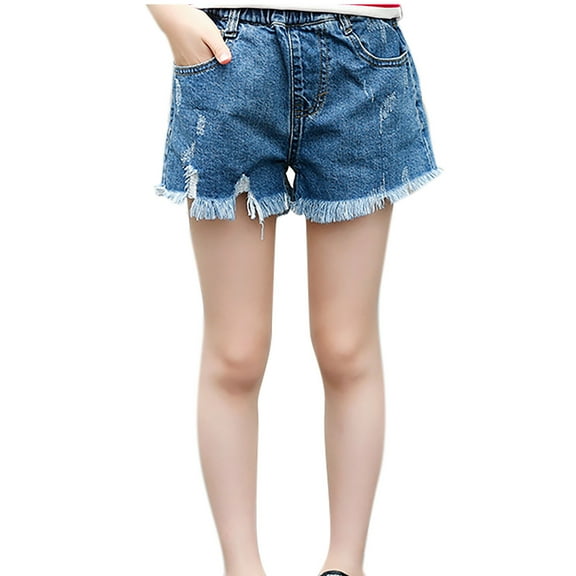 Cute Shorts for Teen Girls New Girl's Ripped Denim Shorts High Waisted Straight Leg Summer Jeans Shorts with Pockets Blue 120
