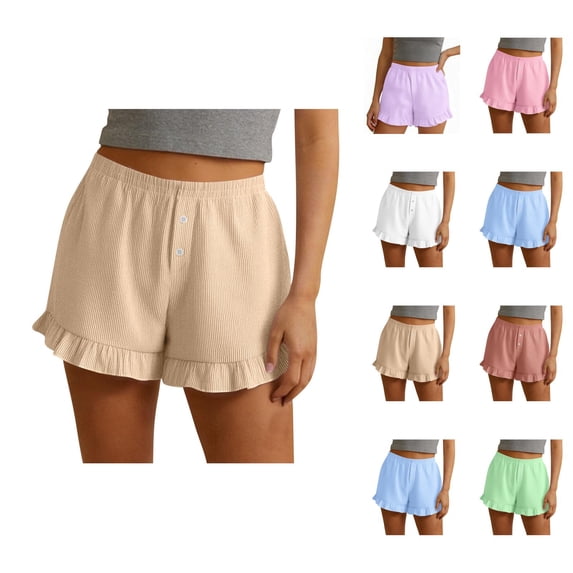 Cute Shorts for Women Summer Casual Elastic High Waist Ruffle Hem Relaxed Fit Beach Shorts