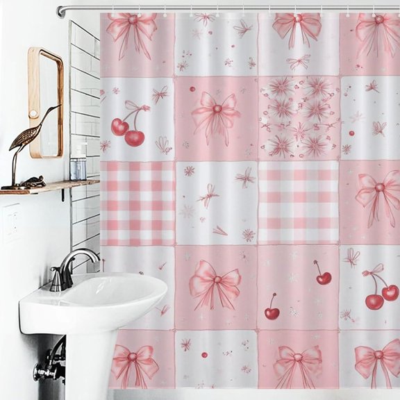 Cute Shower Curtain for Bathroom Modern Aesthetic Funky Decorative, Pretty Chic Cloth Set with Hooks, Bathtub Decor,Pink Bow Cherry-36"W x 72"L (Pack of 1)