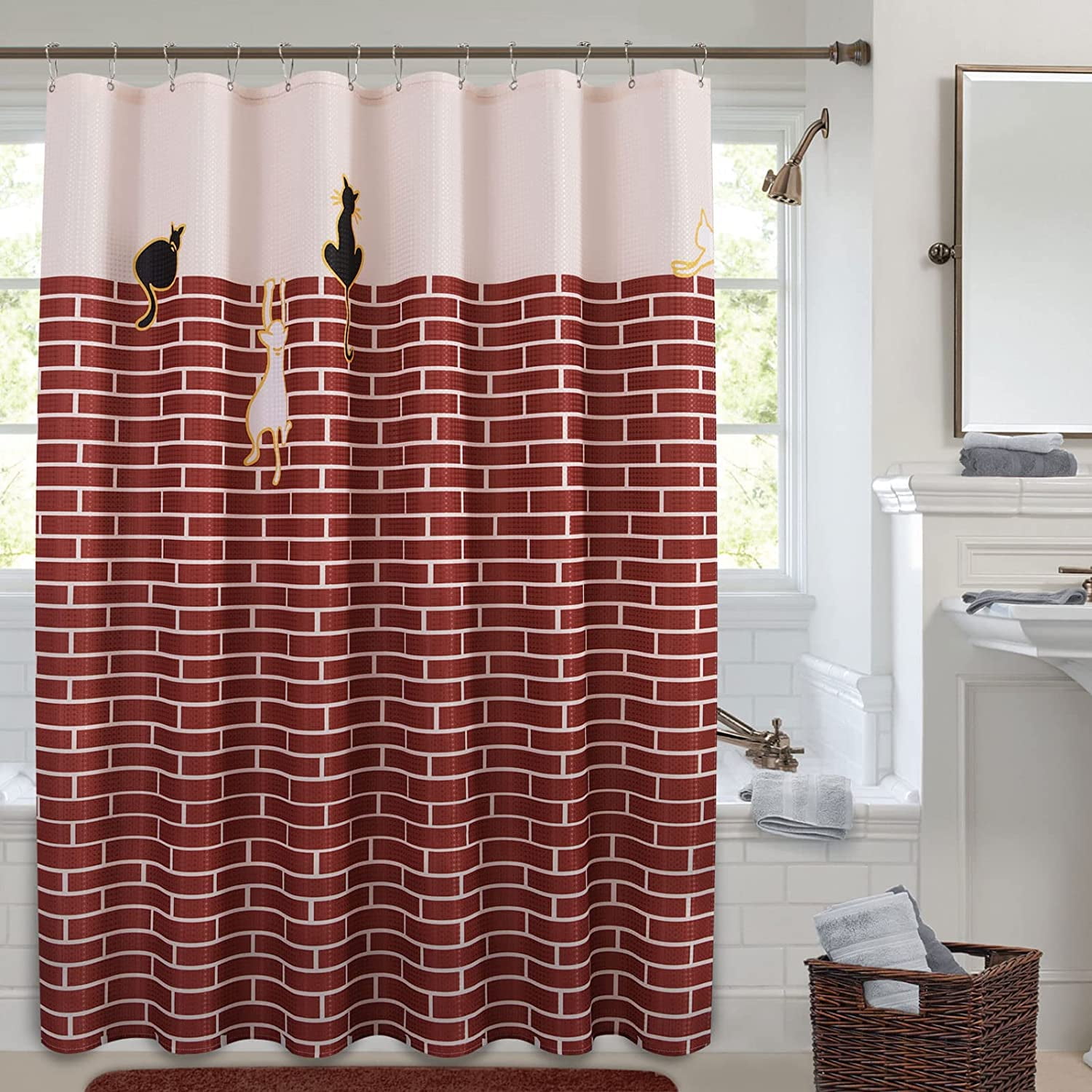 Cute Shower Curtain Red Cream Wall Funny Cat Shower Curtain Sets for Bathroom with Watercolor Animal Wall Waterproof Kid Children Bathroom Curtain
