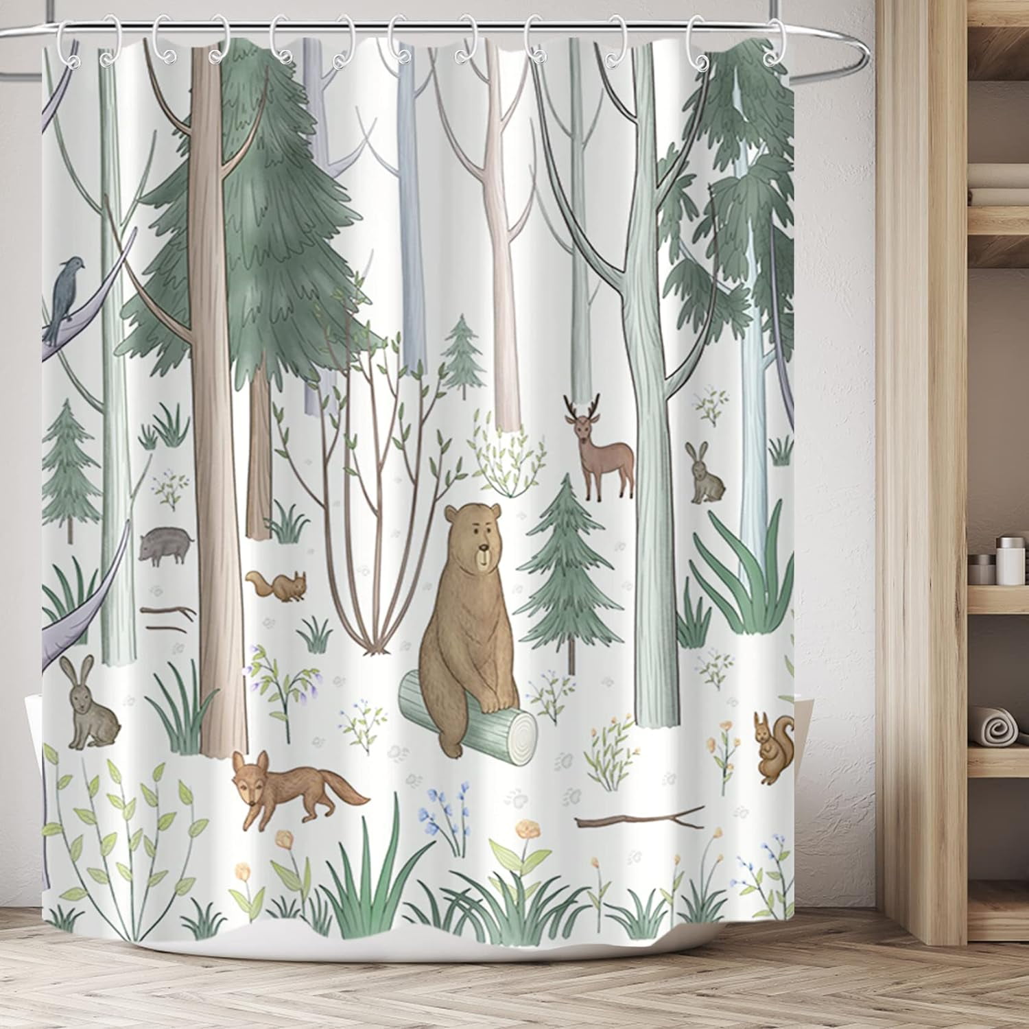 Cute Shower Curtain with Hooks Green Forest Shower Curtain with Wild ...