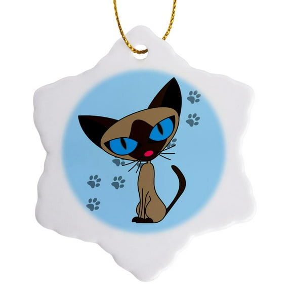 3drose, Cute Siamese Cat Pawprint Design, 3 inch Snowflake Porcelain Ornament