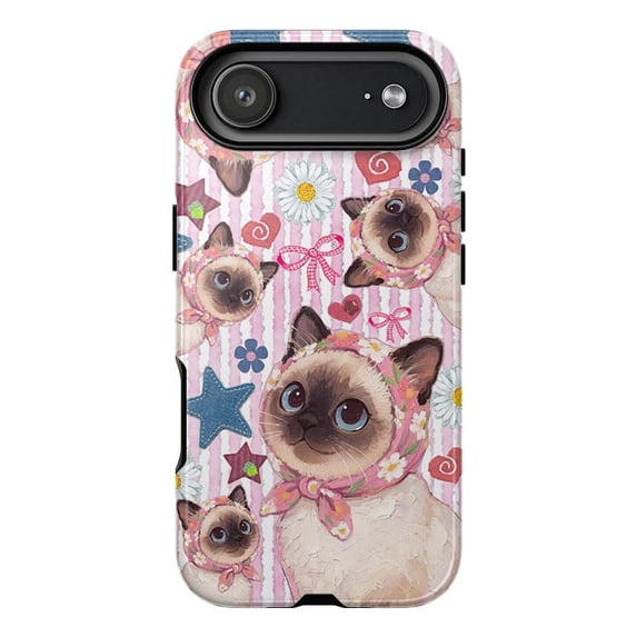 Cute Siamese Cat Phone Case, Pink Stripe Daisy Star Babushka Floral Bow Coquette Aesthetic Cover for iPhone 17 16 15 14 13 12 11 Plus Pro Max Mini