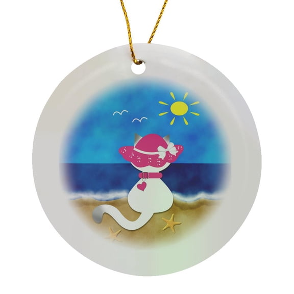 3drose, Cute Siamese Kitty Cat Pink Bonnet Summer Time Beach Fun, Circle Porcelain Ornament