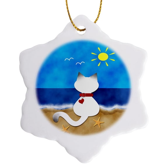 3drose, Cute Siamese Kitty Cat Summer Beach Time Fun, 3 inch Snowflake Porcelain Ornament