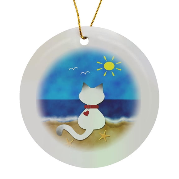 3drose, Cute Siamese Kitty Cat Summer Beach Time Fun, Circle Porcelain Ornament