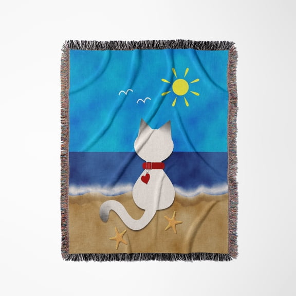 Cute Siamese Kitty Cat Summer Beach Time Fun, Woven Blanket