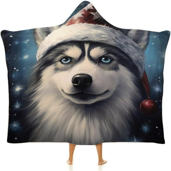 Cute Siberian Husky Blanket Hoodie Christmas Theme Wearable Throw Blankets For Couch Blanket For Kids Teens Men Women