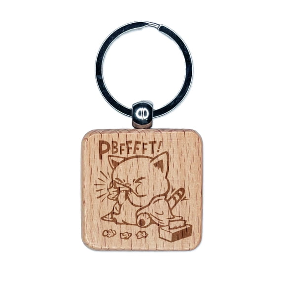 Cute Sick Cat Blowing Nose Square Keychain Charm Tag - Engraved Wood