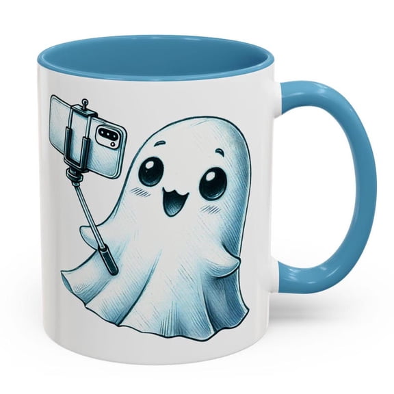 Cute Sie Ghost Mug, KawaI1I Ghost Taking Sie CoffeeTea Cup, Adorable Spooky Halloween Gift, C1Artoon Spirit Art, S1ocial Media Lover