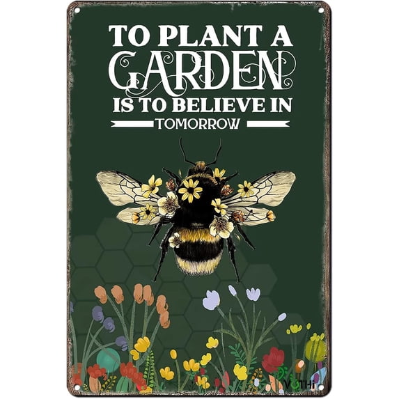 Cute Signs To Plant A Garden Is To Believe In The Bees;Bee Garden Decor for Outside;Patio Signs And Decor Outdoor; Farmhouse Home Kitchen Gardening Wall Decor 8x12 In