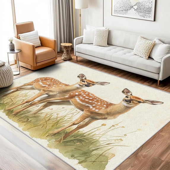 Cute Sika Deer Area Rugs, Forest Wildlife Animal Design, Washable Non ...