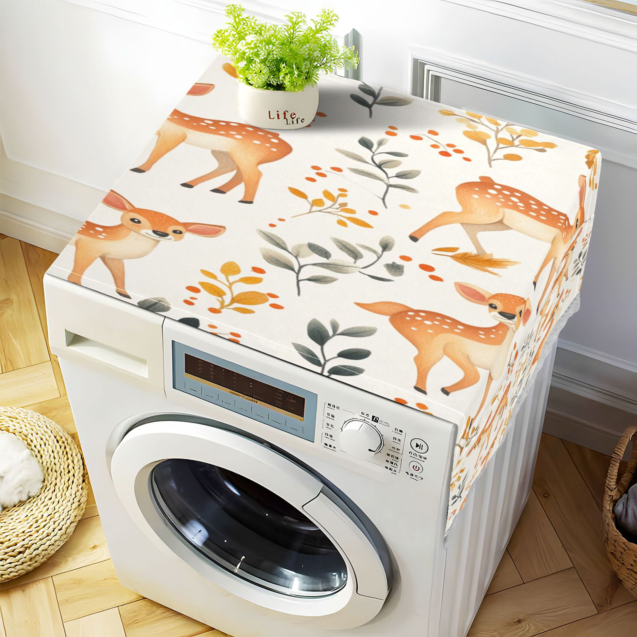 Cute Sika DeerWasher and Dryer Covers Dust-Proof and Oil Resistant Fridge Cover with 4 Storage Pockets Washing Machine Top Cover for Laundry Kitchen Home 51.2 x 22 In