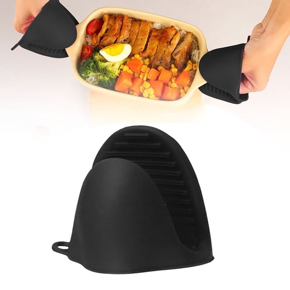 Cute Silicone Oven Heat Pot Holder Mittens, Colorful Pinch Grip Oven Rubber Gloves for Fryer Baking, Black 2-Pack