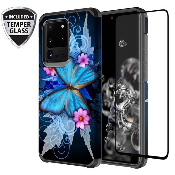 Cute Silicone Protective Heavy Duty Phone Case For Galaxy S20 Plus Cover w/[ Temper Glass Screen Protector] for Galaxy S20 Plus Case - Blue Butterfly