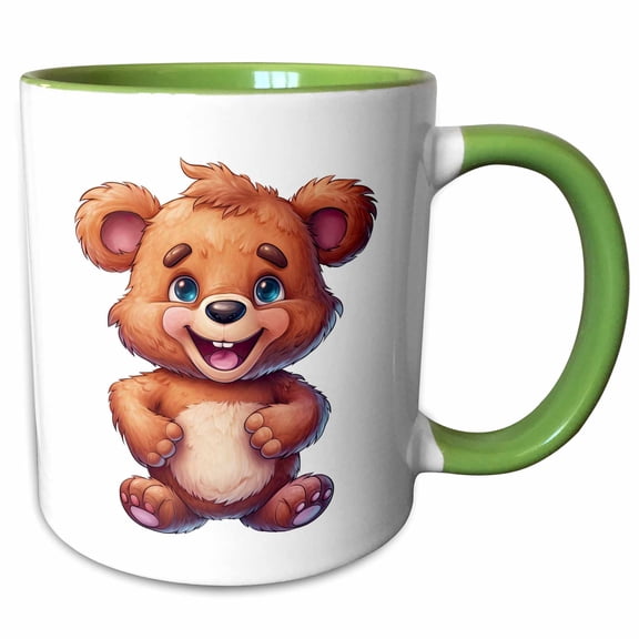 3drose, Cute Silly Smiling Bear Illustration, 15oz Two-tone Green Mug