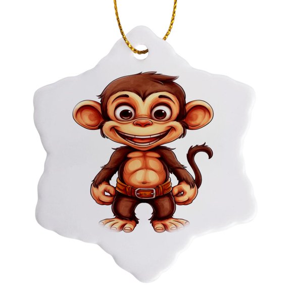 3drose, Cute Silly Smiling Monkey with a Belt Illustration, 3 inch Snowflake Porcelain Ornament