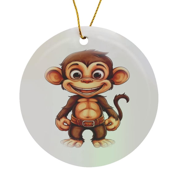 3drose, Cute Silly Smiling Monkey with a Belt Illustration, Circle Porcelain Ornament