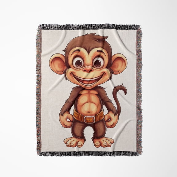 Cute Silly Smiling Monkey With A Belt Illustration, Woven Blanket
