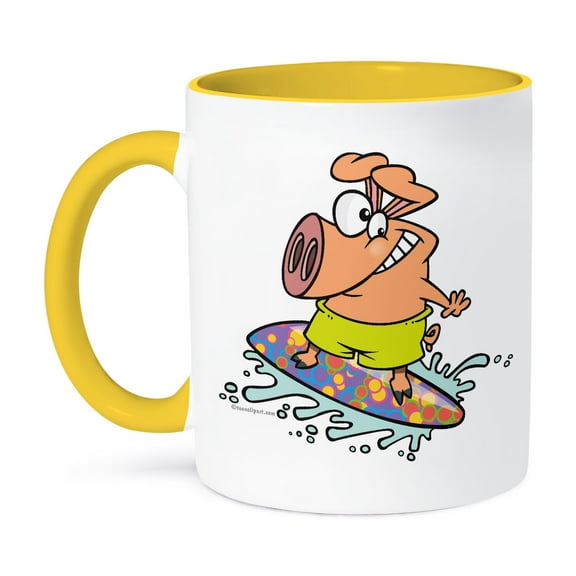 3dRose, Cute Silly Surfer Surfing Piggy Pig, 11oz Two-Tone Yellow Mug