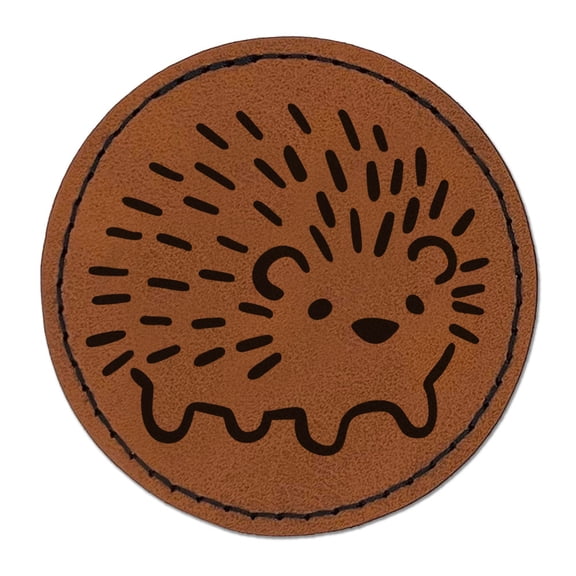 Cute Simple Hedgehog Line Drawing Round Iron-On Engraved Faux Leather Patch Applique - 2.5 Inch - Brown