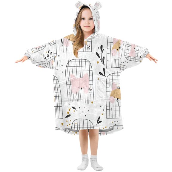 Cute Simple Pattern Wearable Blankets Hoodie Oversize Sherpa Wearable Soft Blanket Warm Cozy 3-14 Age