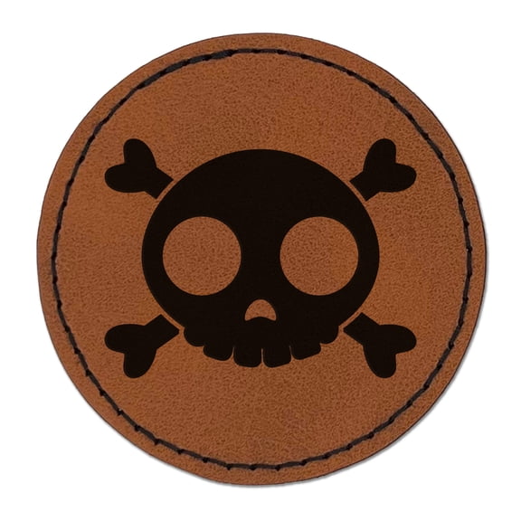 Cute Simple Skull and Crossbones 2.5" Faux Leather Round Engraved Iron-On Patch - Brown