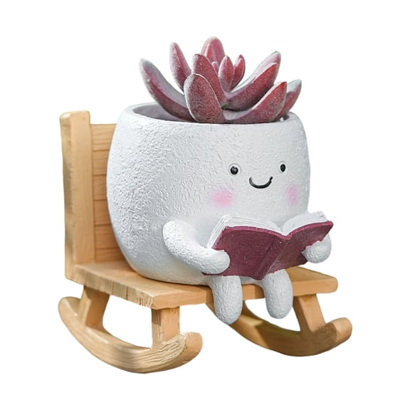 Cute Sit Rocking Chair Succulents Flower Pots with Drain Hole Smile Faces Planter Pot, Cartoon Resin Pot for Indoor