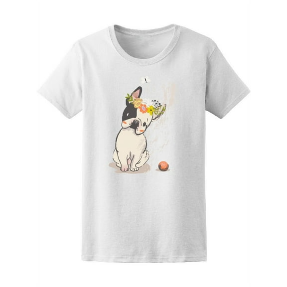 Cute Sitting Bulldog With Wreath T-Shirt Women -Image by Shutterstock, Female XX-Large