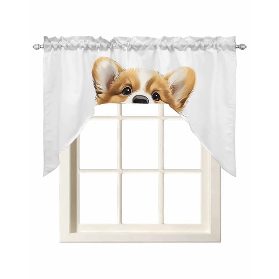 Cute Sitting Dog Kitchen Curtains Swag Valance for Windows/Bathroom/Cafe, Modern Puppy Watercolor Cartoon Rod Pocket Drape Panel Swag Curtain Valance for Bedroom/Living Room 55''x36''