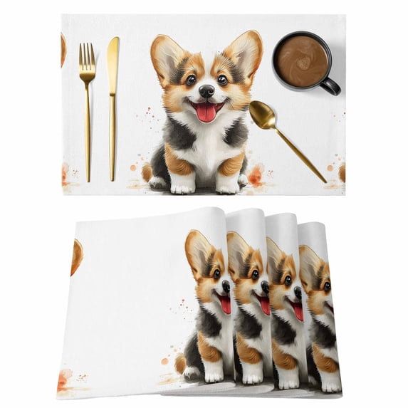 Cute Sitting Dog Placemats Set of 4 Watercolor Cartoon Puppy Animal Place Mats Indoor Wipeable Table Mats Washable Cloth Dining Table Placemats for Kitchen Holiday Party Home Decor 13x19 Inch