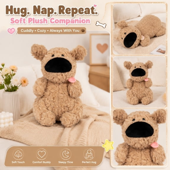 Cute Sitting Puppy Plush Toy, Adorable Big Nose Dog Stuffed Animal, Soft Huggable Healing Decor for Bed Sofa, Birthday Gift for Kids Girls Adults, Durable Fade-Resistant