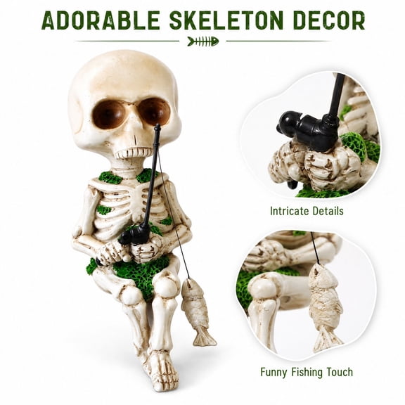 Cute Skeleton Decor Mini Funny Skeleton Fishing Halloween Decoration, Skull Fish Tank Decorations Garden Pond Accessories Figurines