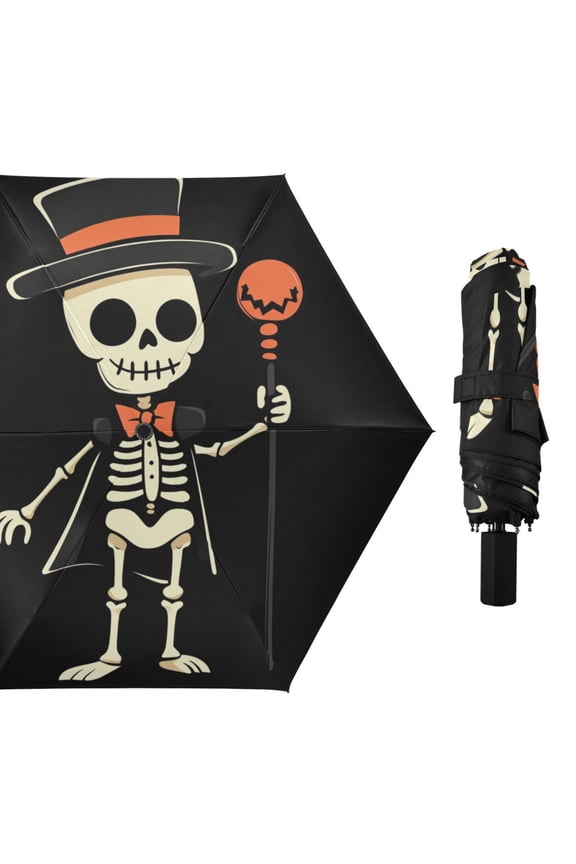 Cute Skeleton Gentleman Halloween All Weather Umbrella Triple Folding Parasol 6 Ribs UV Protection Portable