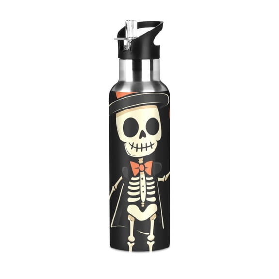 Cute Skeleton Gentleman Halloween Sports Bottle with Straw Stainless Steel Water Jug Portable Thermal Cup Leak-proof 1000ML