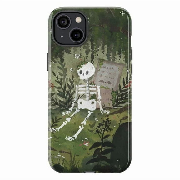 Cute Skeleton Graveyard Phone Case, Earthy Green Nature and Spooky Charm Phone Cover for iPhone 16 15 14 13 12 11 Pro Max Mini Plus