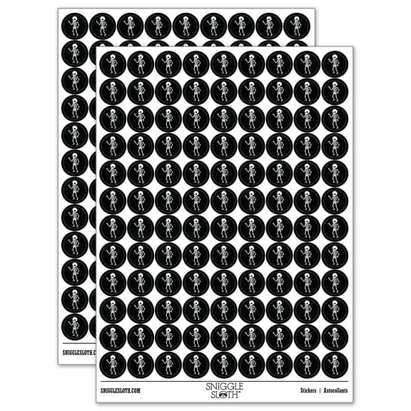 Cute Skeleton Waving 200+ Round Stickers - Black - Gloss Finish - 0.50" Size