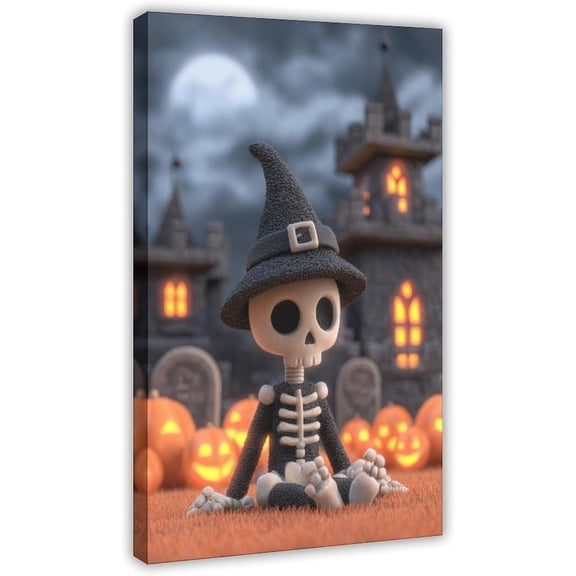 Cute Skeleton in Witch Hat Wall Art Adorable Halloween Decor Painting Pumpkins Poster Haunted Castle Backdrop Frame Canvas Print Mural 08x12inch(20x30cm)