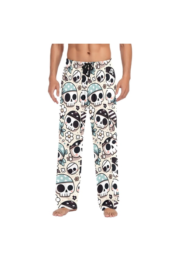 Cute Skeleton and Floral Men's Pajama Pants Cotton Long Sleepwear Lounge Pants L