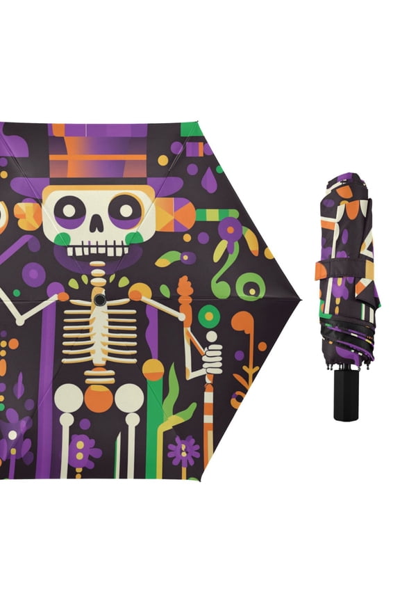 Cute Skeleton in Mardi-gras All Weather Umbrella Triple Folding Parasol 6 Ribs UV Protection Portable