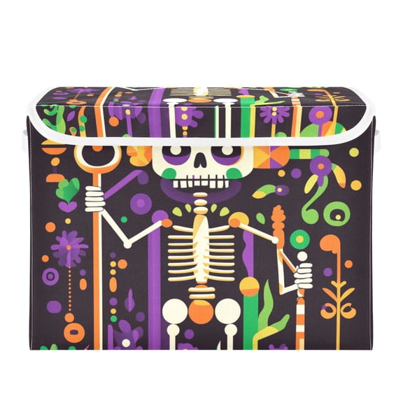 Cute Skeleton in Mardi-gras Foldable Storage Bin with Lid and Handle Collapsible Storage Box 16.5 x 12.6 x 11.8 inches