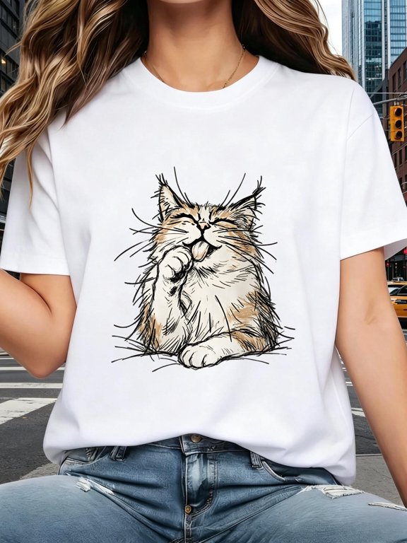 Cute Sketch Cat Grooming Itself Graphic Short Sleeve T‑Shirt, Vintage Hand‑Drawn Fluffy Kitty Cat Lover Casual Everyday Tee Top